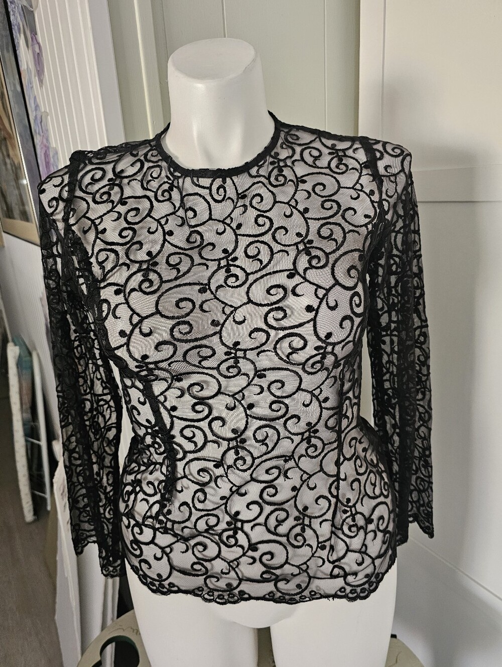 Vtg Coty USA Black Lace Blouse Top sheer Whimsigoth Coquette Party Lg 10-12 Best